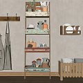 Kitchen With Hanging Aprons Multi Tiered Shelf And Wooden Crate For Organized Kitchenware Jars Plates