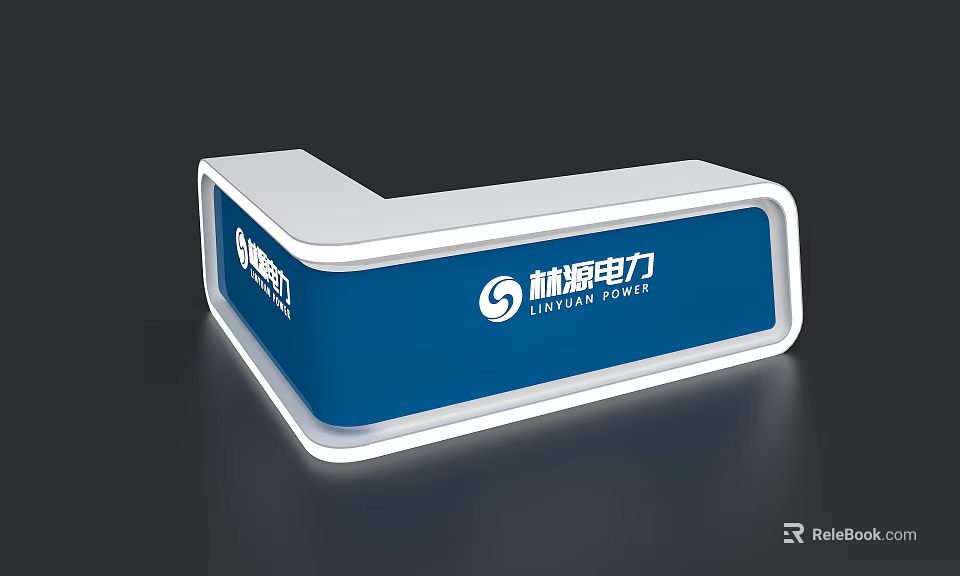 L shaped Blue Reception Desk with Linyuan Power Logo and Modern Design 3d model 