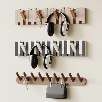 Wall Mounted Wooden And Striped Hooks For Hanging Headphones Keys And Bag 3d model