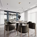 Modern Dining Living Room Interior With Large Windows Gray Flooring And Art Sculpture