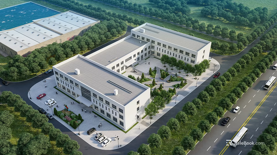 Modern Industrial Factory Complex With White Buildings Gray Roofs Green Surroundings Parking Area And Road 3d model 