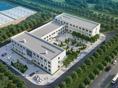 Modern Industrial Factory Complex With White Buildings Gray Roofs Green Surroundings Parking Area And Road 3d model