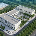 Modern Industrial Factory Complex With White Buildings Gray Roofs Green Surroundings Parking Area And Road