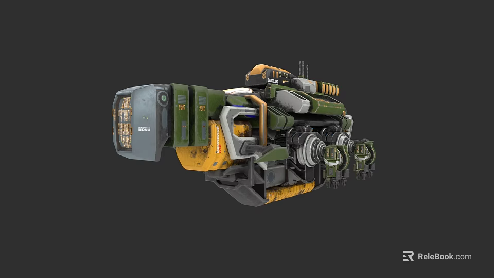Futuristic Warship Green Yellow Gray Mechanical Design With Weapon Systems And Engine Parts 3d model 
