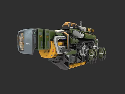 Futuristic Warship Green Yellow Gray Mechanical Design With Weapon Systems And Engine Parts 3d model