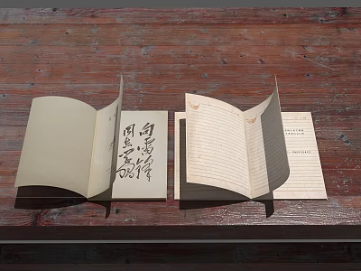 Multiple Open Vintage Notebooks With Handwritten Calligraphy And Lined Pages On Wooden Surface 3d model