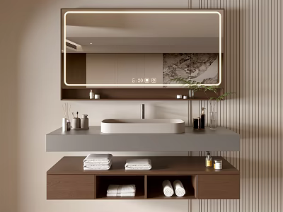Elegant Bathroom Vanity With Rectangular Mirror Marble Countertop Sink Storage Drawers And Vertical Stripes Wall 3d model