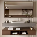 Elegant Bathroom Vanity With Rectangular Mirror Marble Countertop Sink Storage Drawers And Vertical Stripes Wall 3d model
