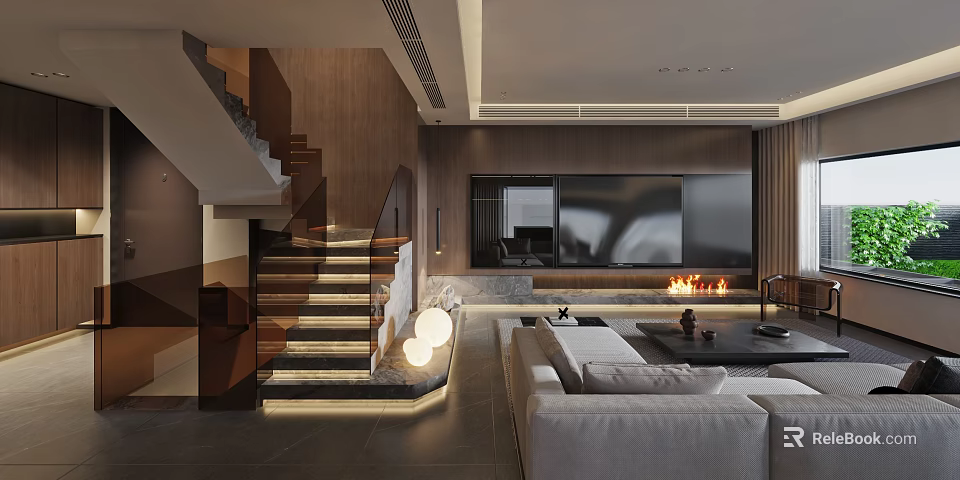 Modern Living Room Interior With Wooden Stairs Fireplace And Large TV 3d model 