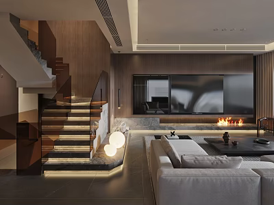 Modern Living Room Interior With Wooden Stairs Fireplace And Large TV 3d model