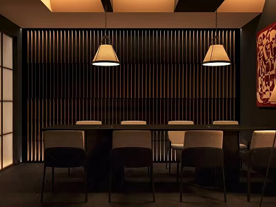 Elegant Private Room Interior With Long Table Chairs Vertical Slat Wall And Pendant Lights 3d model