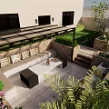 Courtyard Garden Design With Green Lawn Stone Path Outdoor Seating And Plants