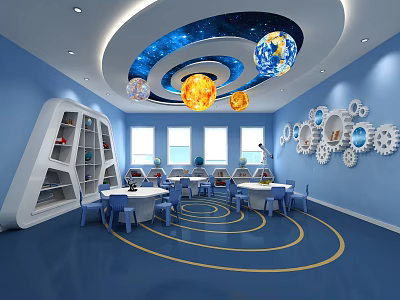 Colorful Kindergarten Room with Starry Ceiling Globe Gear Decor White Bookshelves and Blue Furniture 3d model