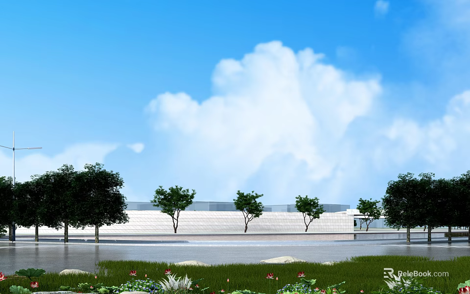 Garden Landscape with Green Lawn Trees Colorful Plants and Distant White Structure Under Blue Sky 3d model 