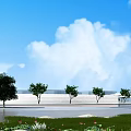 Garden Landscape with Green Lawn Trees Colorful Plants and Distant White Structure Under Blue Sky