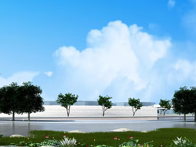 Garden Landscape with Green Lawn Trees Colorful Plants and Distant White Structure Under Blue Sky 3d model