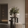 Modern Interior Floral Vase with Greenery Branches White Horse Figurine and Books on Round Table