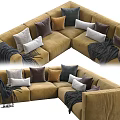 Comfortable Brown Sectional Sofa With Multiple Pillows And Cozy Blankets 3d model