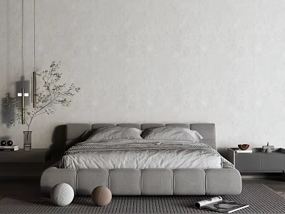 Modern Minimalist Double Bed With Gray Frame Bedding Round Decor And Green Plant 3d model