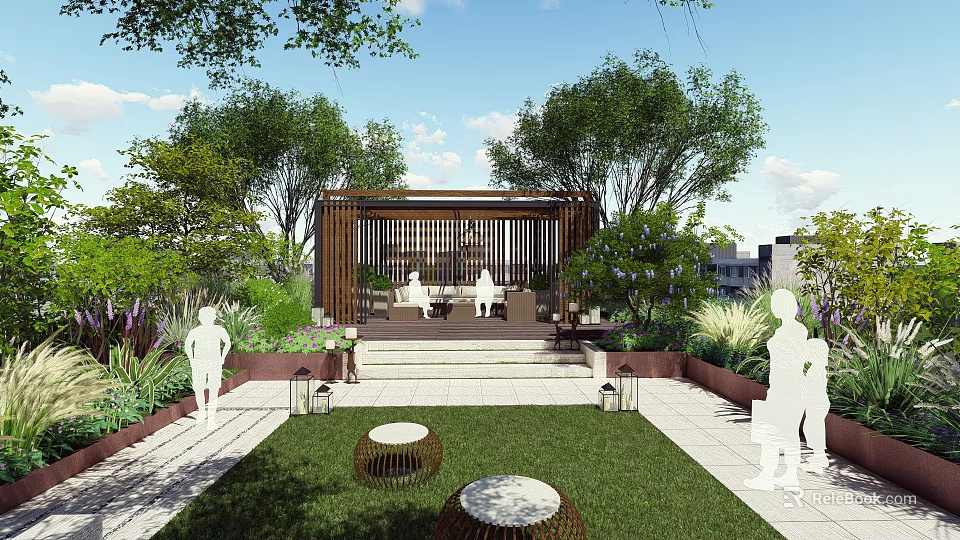 Rooftop Garden With Wooden Pergola Lush Greenery Grass Lawn And Seating Area 3d model 