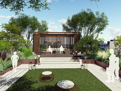 Rooftop Garden With Wooden Pergola Lush Greenery Grass Lawn And Seating Area 3d model