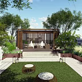 Rooftop Garden With Wooden Pergola Lush Greenery Grass Lawn And Seating Area