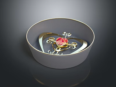 Decorative Ornament Set with White Bowl Golden Heart Design Featuring Red Gemstone and Curved Patterns 3d model