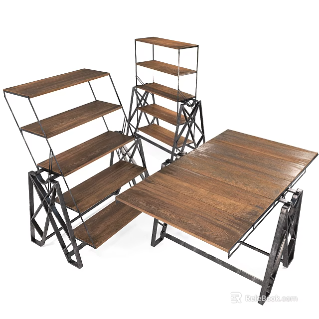 Modern Dining Table With Brown Wooden Top And Black Metal Frame Structure 3d model 