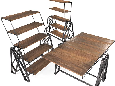 Modern Dining Table With Brown Wooden Top And Black Metal Frame Structure 3d model