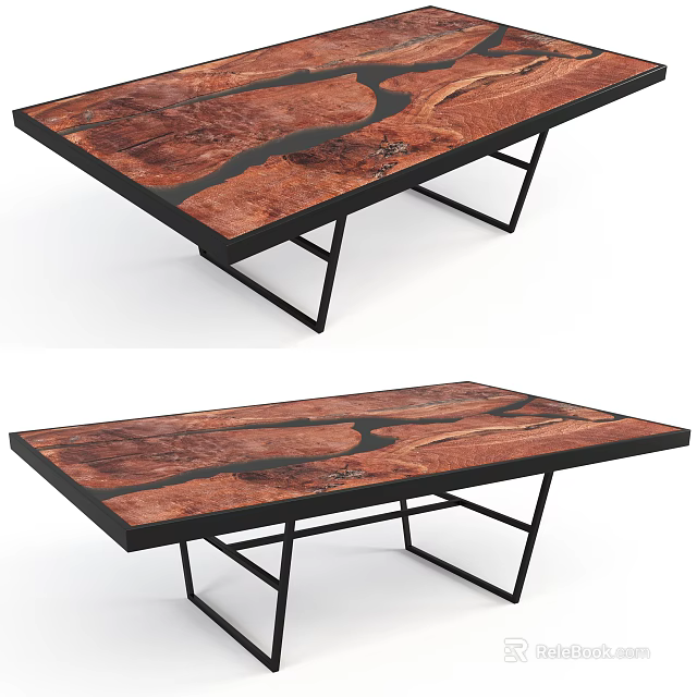 Modern Coffee Table With Wooden River Design Tabletop And Black Metal Legs 3d model 