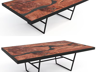 Modern Coffee Table With Wooden River Design Tabletop And Black Metal Legs 3d model