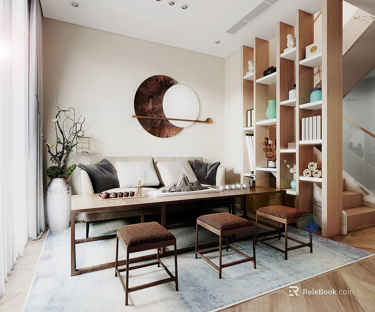 Elegant Modern Tea Room Interior With Wooden Table Sofa Stools Bookshelves And Circular Decor 3d model 