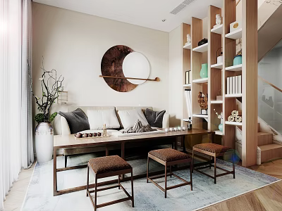 Elegant Modern Tea Room Interior With Wooden Table Sofa Stools Bookshelves And Circular Decor 3d model