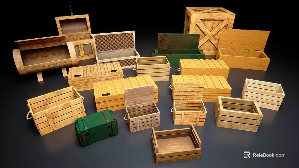 Industrial Equipment Storage With Multiple Wooden Crates In Various Sizes And Different Colors Stacked 3d model 