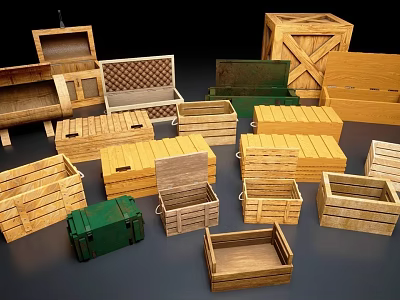 Industrial Equipment Storage With Multiple Wooden Crates In Various Sizes And Different Colors Stacked 3d model