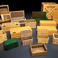 Industrial Equipment Storage With Multiple Wooden Crates In Various Sizes And Different Colors Stacked