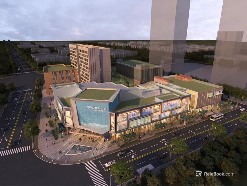 Modern Commercial Street With Contemporary Buildings Green Roofs Roads Vehicles And Pedestrians 3d model 