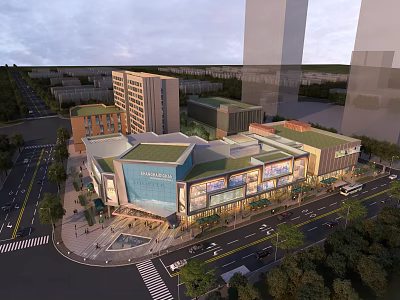 Modern Commercial Street With Contemporary Buildings Green Roofs Roads Vehicles And Pedestrians 3d model