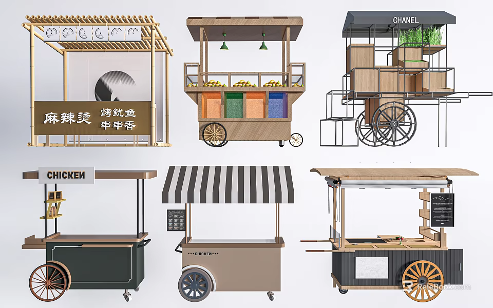 Mobile Food Carts Various Designs Portable Stalls With Wheels And Wooden Structures 3d model 