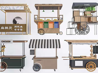 Mobile Food Carts Various Designs Portable Stalls With Wheels And Wooden Structures 3d model