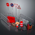 Road Construction Safety Equipment With Stop Signs Warning Signs Metal Barriers And Traffic Cones