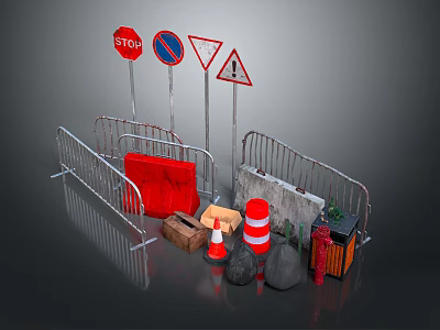 Road Construction Safety Equipment With Stop Signs Warning Signs Metal Barriers And Traffic Cones 3d model