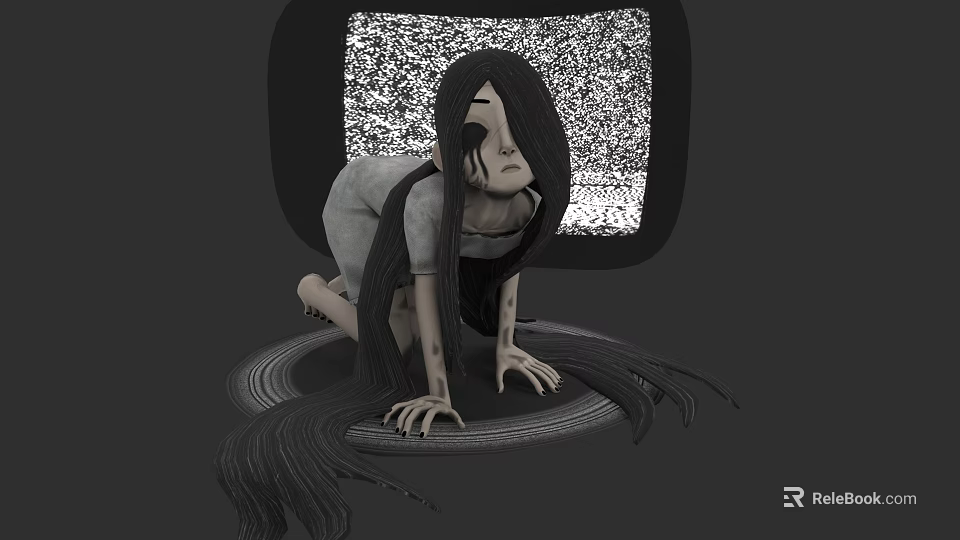 Woman With Long Black Hair Kneeling On Floor Before Old TV With Static Screen 3d model 