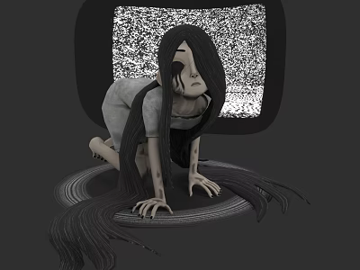 Woman With Long Black Hair Kneeling On Floor Before Old TV With Static Screen 3d model