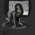 Woman With Long Black Hair Kneeling On Floor Before Old TV With Static Screen