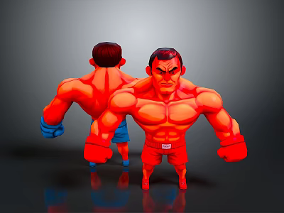Muscular Men in Red Orange Outfits With Boxing Gloves 3D Model Displaying Fighting Stance 3d model