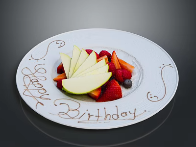 Fresh Fruit Platter with Apple Slices Strawberries and Blueberries on White Plate for Happy Birthday 3d model