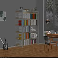 Modern Home Office Desk With Wooden Chair Bookshelf Colorful Books Potted Plant Near Window