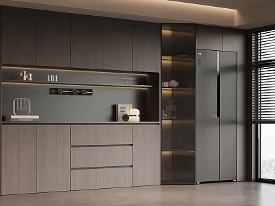 Modern Wine Cabinet Design With Glass Doors Built in Lighting And Open Shelves 3d model