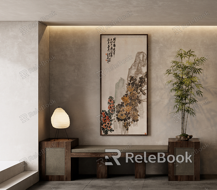 Chinese Plant Painting Art Hanging Painting Traditional Chinese Painting Chrysanthemum Table Lamp Green Plant Potted Plant model